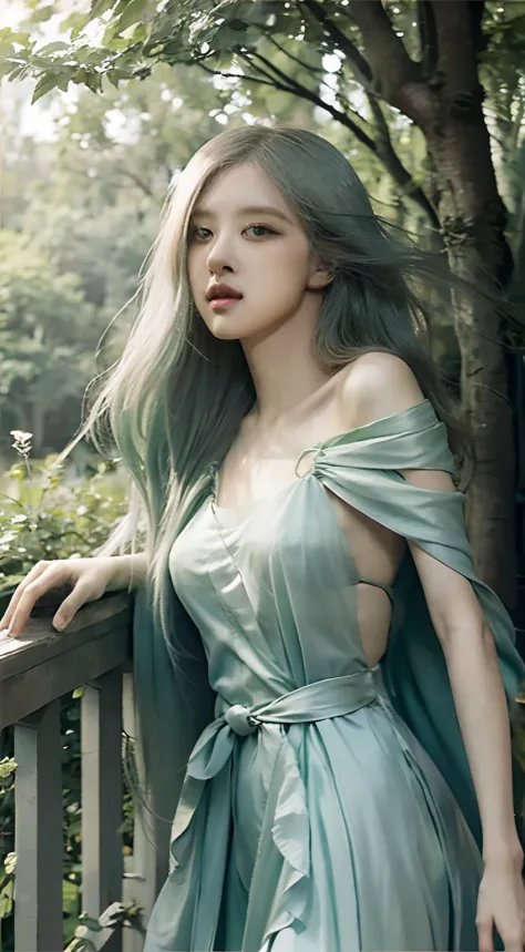 Green theme,green hair blowing in the wind,green flowing dress,beautiful detailed eyes,dreamy expression,soft sunlight,artistic portrait,photorealistic,vivid colors,creative lighting,romantic atmosphere,ethereal beauty,waist-length hair,peaceful and serene...