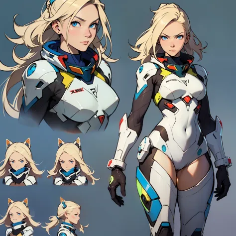 A teenage girl in a straitjacket，（（concept art of character）），((CharacterDesignSheet、Same role、frontage、Lateral face、on  back))，Game character design，with a pure white background，Short blonde hair，blue colored eyes，White mech driving suit，Mech pilot，Evange...