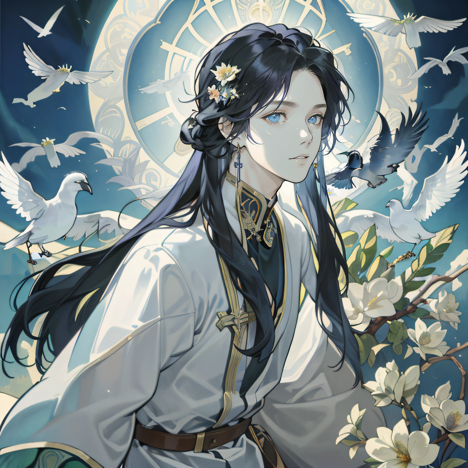 (masuter piece,Best Quality,Ultra-detailed), (A detailed face),1 juvenile, male, 16 year old, A long straight dark-haired, LONG HAIRSTYLE, long lenght, Tarot Cards,troubadour,Flowers and Birds Fugetsu,Visual Arts,occult,Vision casting,Philosophy,Numerology,Alphonse Mucha