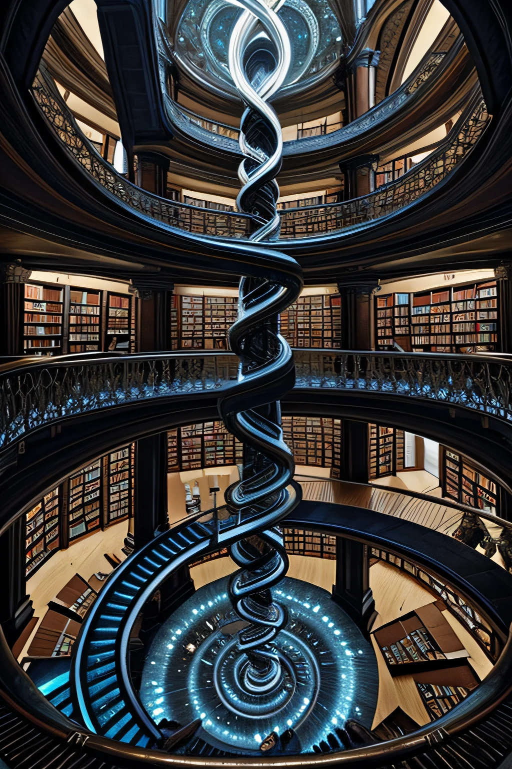 傑作, 最高品質、無限に登る天体の図書館を見つめ、光に向かって螺旋を描く, 本, 螺旋, エッシャー, 暗い魂, ブラッドボーン 幻想的, 魔法の図書館, 勾配, ファンタジー, トレンドアートステーション, フラクタル, 華やかな, マットペインティング --ar 1:3 --q 0.5