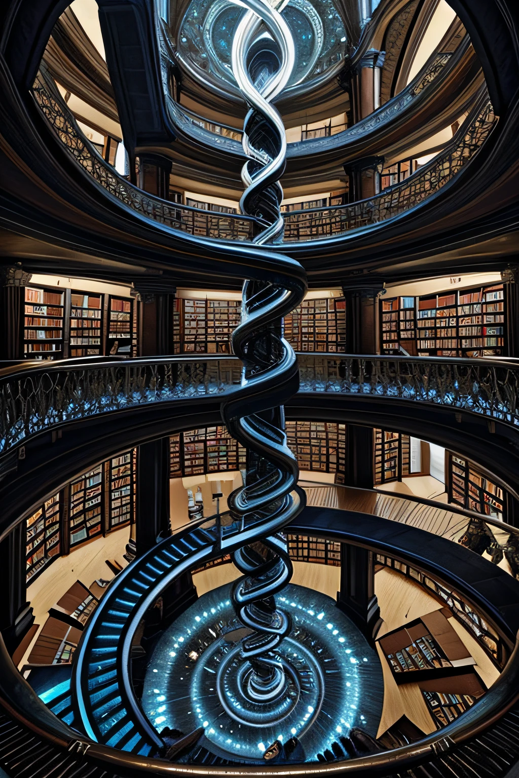 Meisterwerk, beste Qualität starrt in die unendliche kletternde himmlische Bibliothek, die sich in Richtung Licht dreht, Bücher, Spiralen, escher, dunkle Seelen, Bloodborne - Fantastisch, magische Bibliothek, Gradient, Fantasie, trendige Artstation, Fraktale, aufwendig, Matte Painting --ar 1:3 --q 0.5