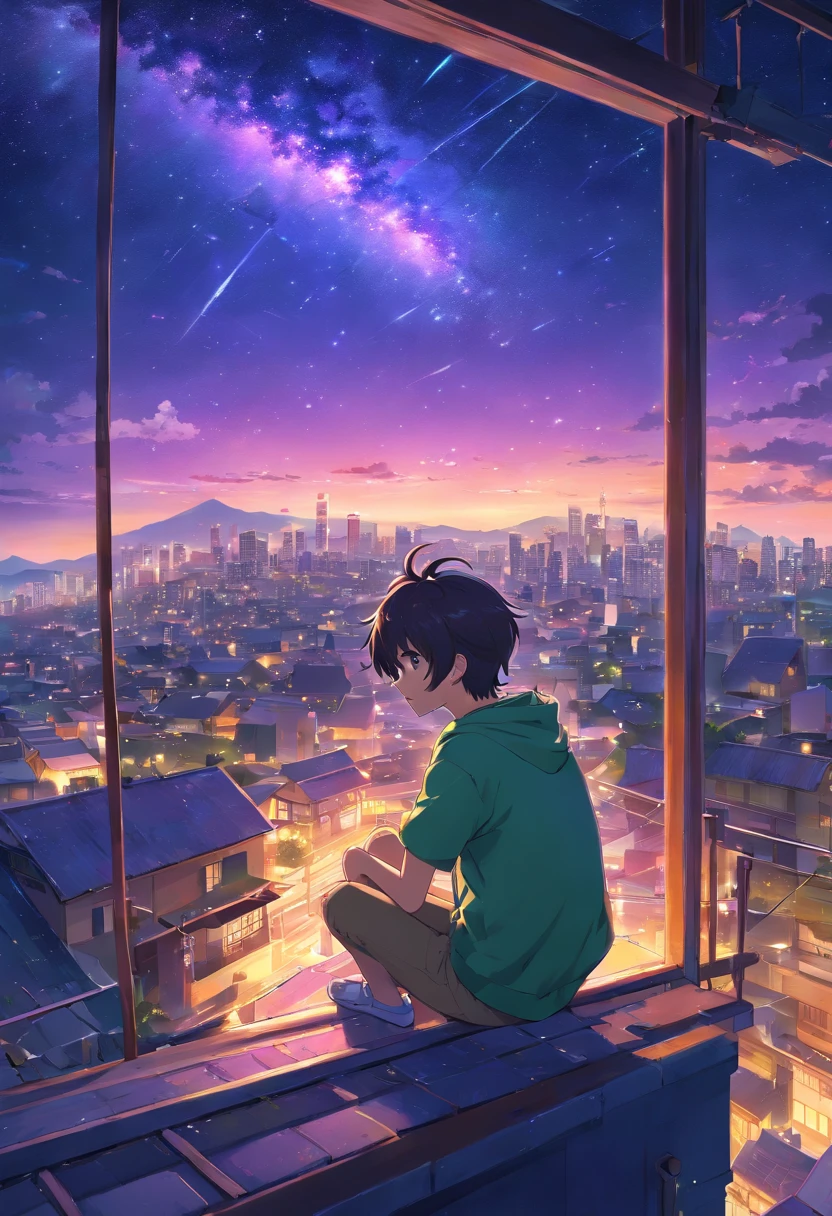 Genrate a masterpiece imagine City landscape below, above dark night sky, [purple, green, blue, pink combined coloured comite falling.] Falling stars, milky way galaxy, a 17 year old boy, black hair, blue shiny eyes, white skin, sitting on his house roof observing this night sky with his telescope from below