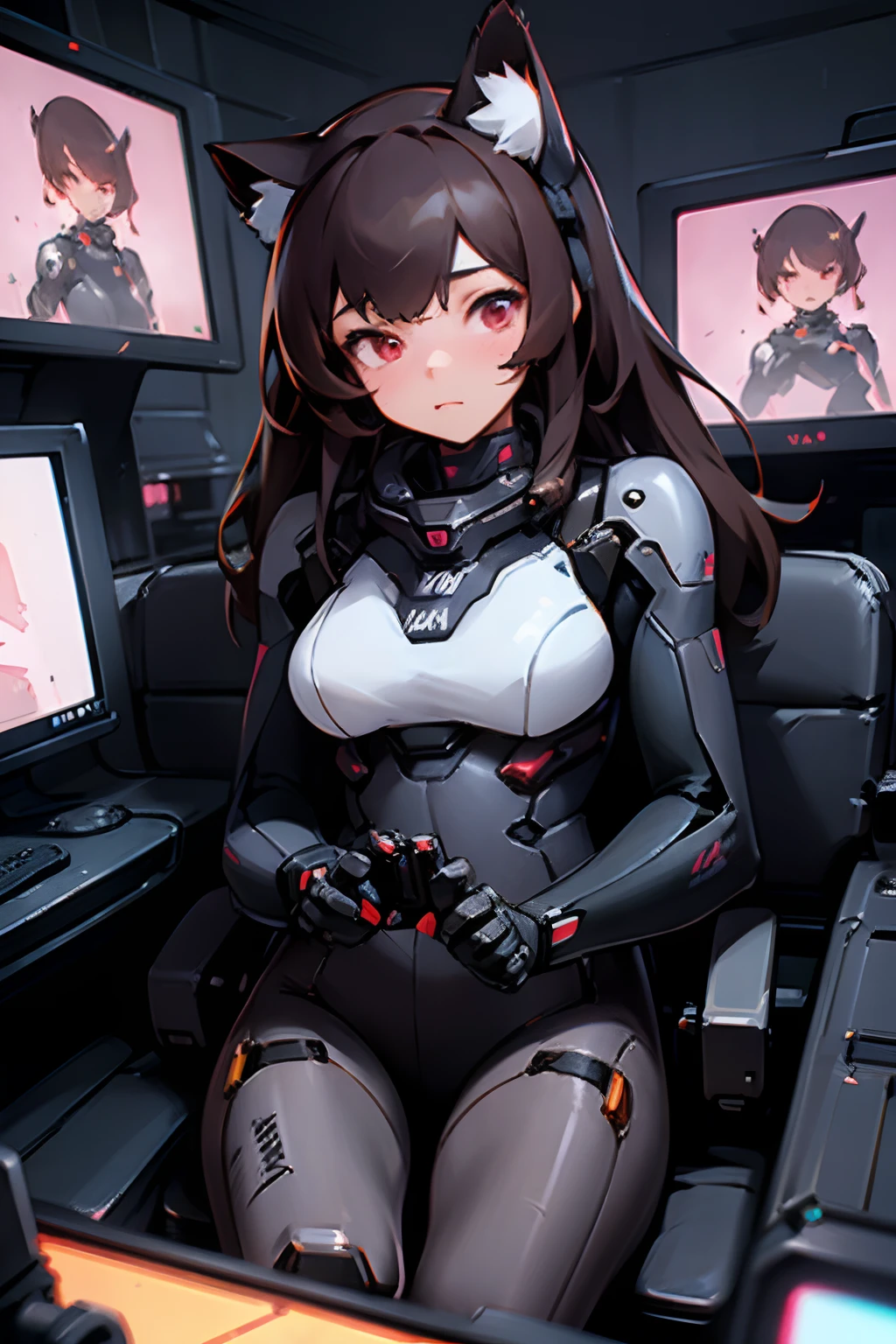 1 girl, masterpiece, depth of field, cat ears, brown hair, glowing red eyes, controlling a mecha, riding a mech, inside armoured vehicle, exosuit, military, cyberpunk, dark interior, glowing monitors, computers, vibrant screens, joysticks, control sticks, interface, holograms, Dva from overwatch style, Pilot seat, racing seat