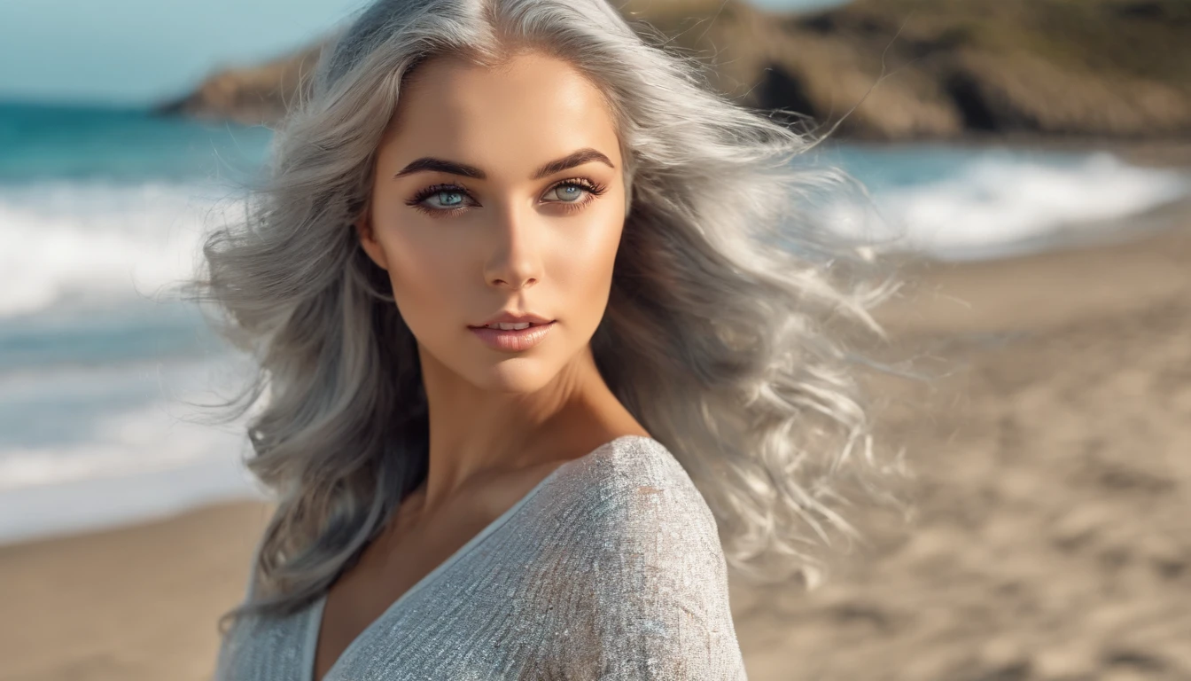 A close up of a woman with grey hair on a beach - SeaArt AI