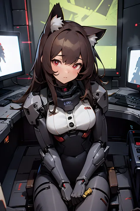 1 girl, masterpiece, depth of field, cat ears, brown hair, glowing red eyes, controlling a mecha, riding a mech, inside armoured...