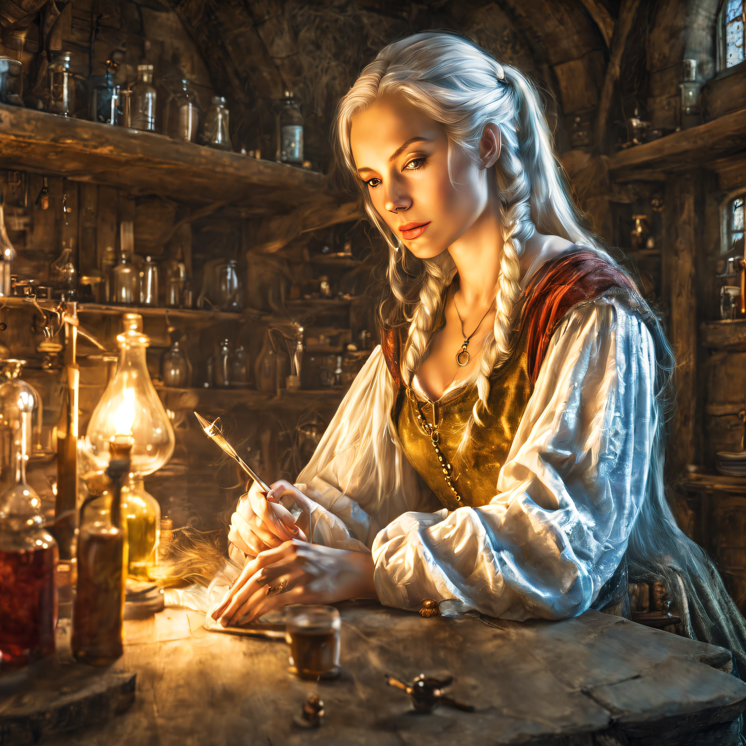 1girl, alchemist, alcohol, apple, bald, bar (place), bare shoulders, bartender, basket, beard, black hair, blonde hair, blue eyes, blurry, blurry background, book, bookshelf, bottle, braid, breasts, brown eyes, brown hair, brown vest, candle, candlelight, chair, cleavage, closed eyes, closed mouth, coat, collared shirt, cup, dark, depth of field, dress, earrings, facial hair, fire, food, from side, fruit, glasses, green eyes, grey hair, hat, head tilt, holding, hood, indoors, jar, jewelry, lamp, light bulb, lips, long hair, long sleeves, looking at viewer, looking down, male focus, manly, medium breasts, mustache, necklace, old, old man, old woman, pendant, piercing, plant, ponytail, pouring, profile, realistic, ring, robe, round eyewear, shirt, short hair, sitting, sleeves rolled up, smile, smoke, solo, spoon, sunlight, table, twin braids, upper body, vest, watermark, wavy hair, web address, white hair, white shirt, window, wrinkled skin, writing, zipper (medieval:2) old style fashon french culture (colored:2)