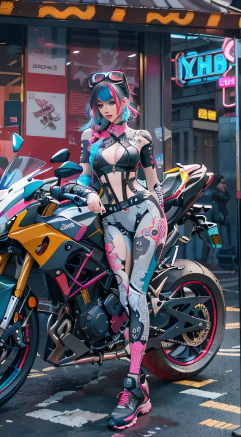 (best quality,highres,masterpiece:1.2),ultra-detailed,(realistic:1.37),self-assured,cyberpunk girl with a,full-body shot,((standing in front of a motorcycle)),Harajuku-inspired trendy outfit,vibrant colors and patterns,eye-catching accessories,innovative a...