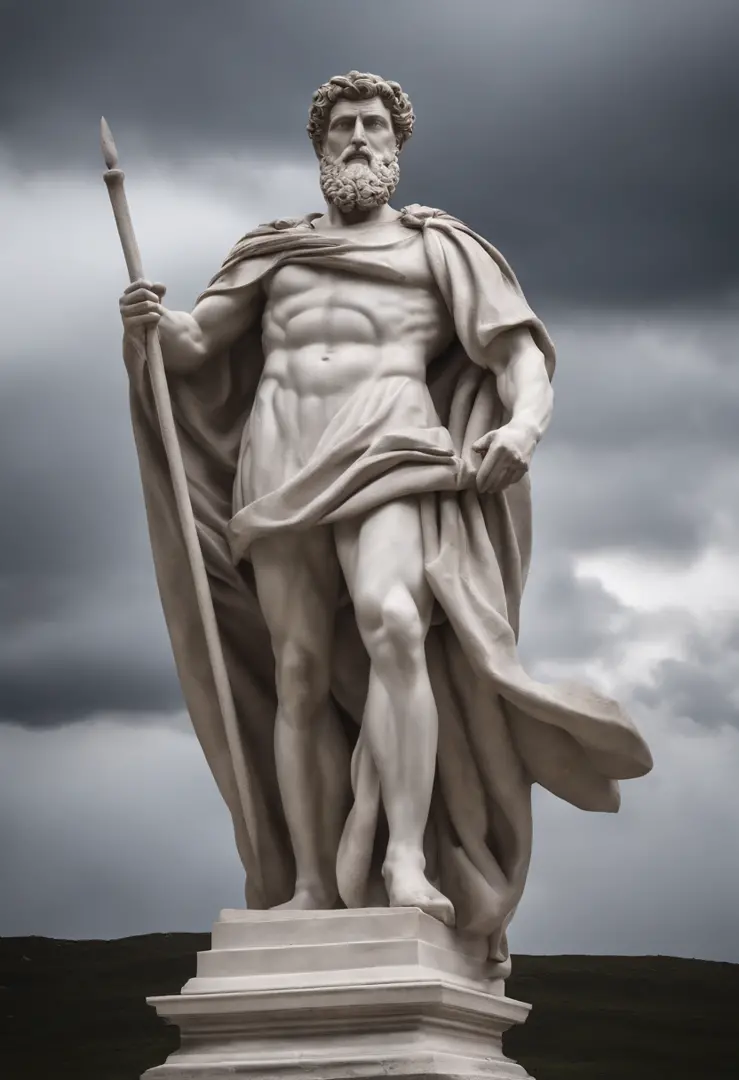 Statue similar to Marcus Aurelius, semelhante um guerreiro medieval, strong with impression of anger and hatred, obra-prima) a statue of Marcus Aurelius, dinamic pose, Standing on a rock (with lightning in the background:1.4), Clint Cearley, Arnold render,...