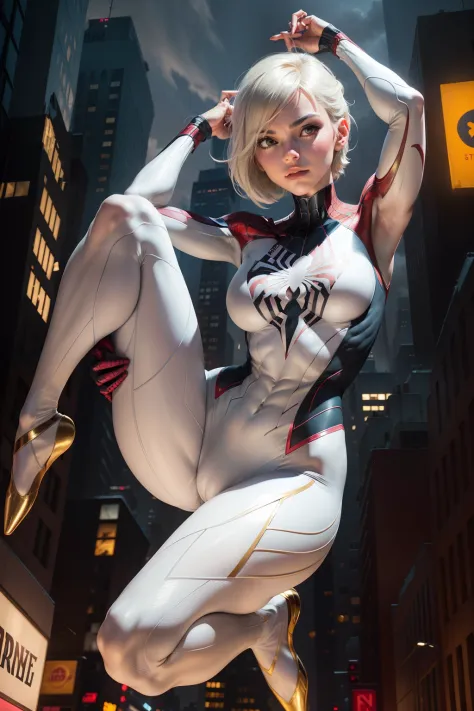 Female Spider-Man Gwen，White suit，Black spider symbol，Ballet Shoes，Golden ratio body, Flexible body，Calm expression，New York City at night，Handsome gestures，heroism，majestic appearance，Abs
