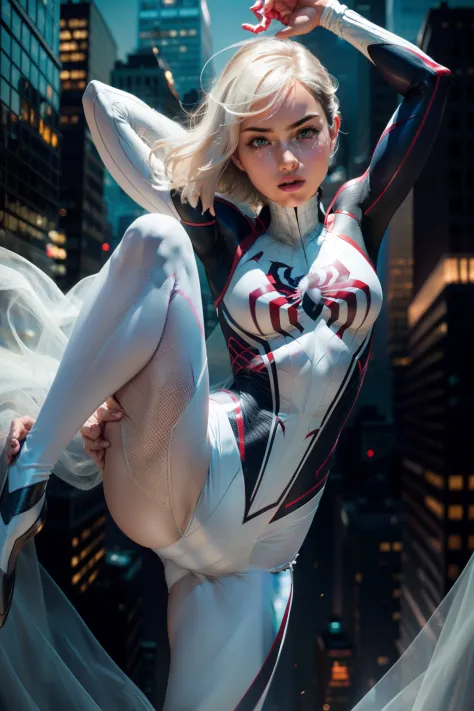 Female Spider-Man Gwen，White suit，Black spider symbol，Ballet Shoes，Golden ratio body, Flexible body，Calm expression，New York City at night，Handsome gestures，heroism，majestic appearance，Abs