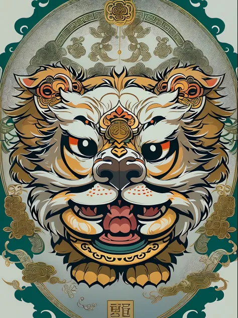 (White background:1.4),(Symmetrical:1.5),(cartoon cute lion dance, In the middle,  Oriental elements),（China - chic illustration:1.2, Vector painting:1.2),(Chinese colors,senior color matching),( reasonable design, Clear lines, High sharpness,best quality,...