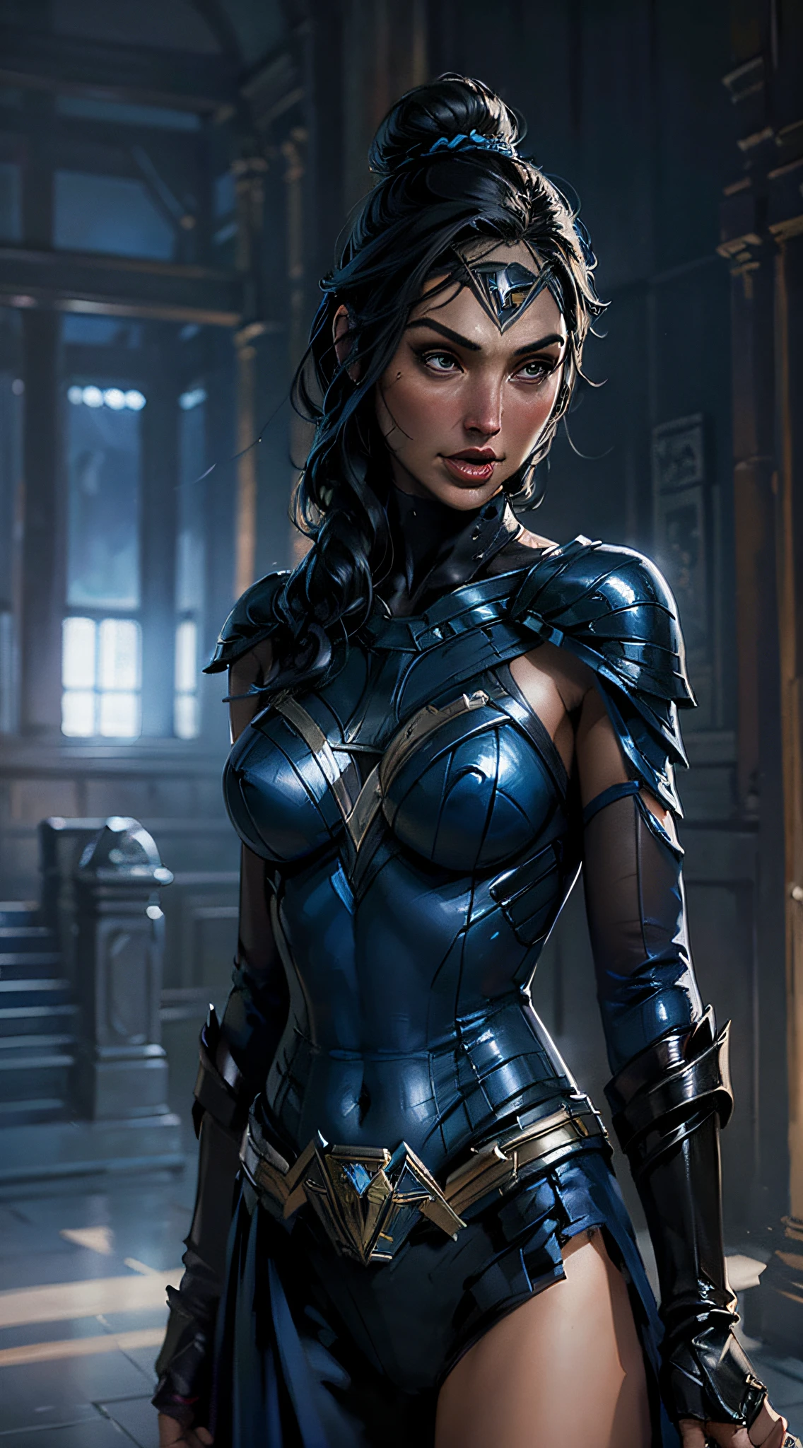 Schauspielerin ((Gal Gadot)) als Kitana aus Mortal Kombat, im Tempel, schwingt Fans, blau-schwarzer freizügiger Body, blaue Strümpfe, blaue Ninja-Maske, High Heels, kompliziert hair bun, kompliziert, hohe Detailgenauigkeit, scharfer Fokus, dramatisch, fotorealistische Malereikunst von Greg Rutkowski