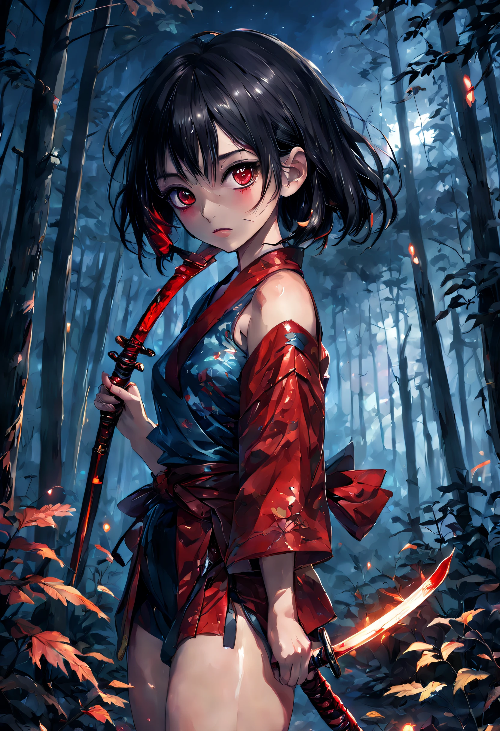 1girl, holding red shiny katana, black hair, silver eyes, Detail face, cute face, tear in right eye, bare leg, full body potrait, detail skin, in the forest with blue leafage, night sky, firefly ambient, random color cloud, absurdres, high res, ultrasharp, 8K, masterpiece, looking at viewer
