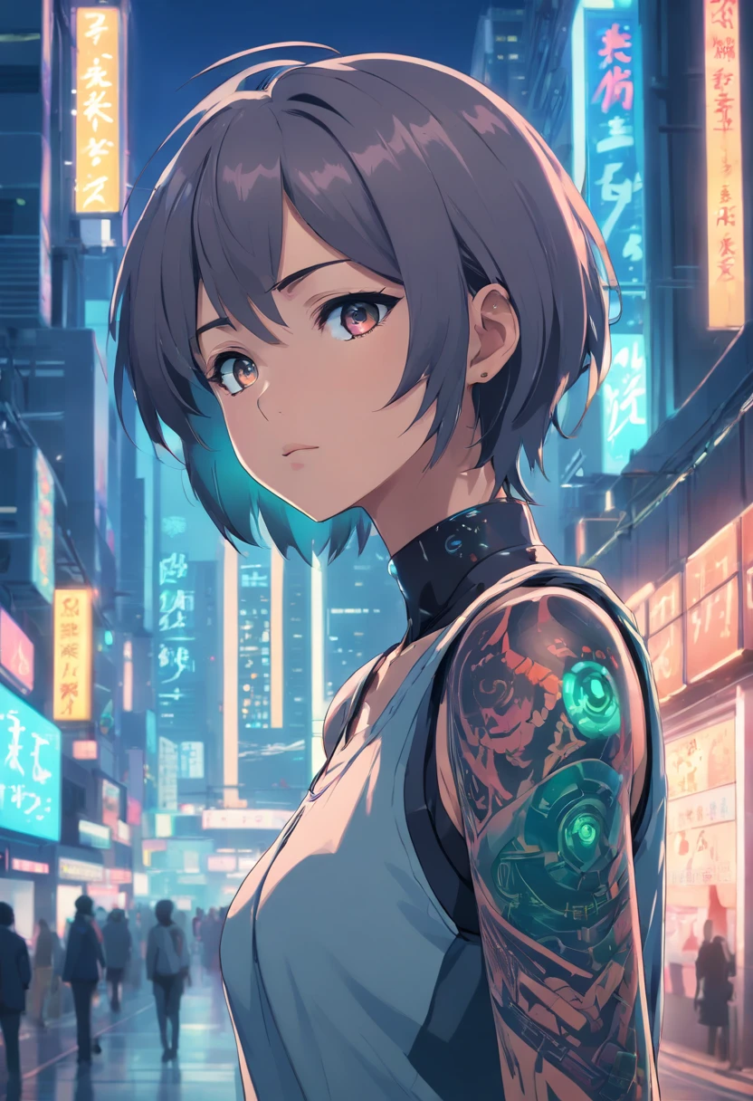 anime girl with tattoos and glowing eyes, in the style of robotic expressionism, dark gray, cyberpunk manga, 8k resolution, body extensions, computer code in background, Matrix, neo-mosaic, ferrania, high quality, p30