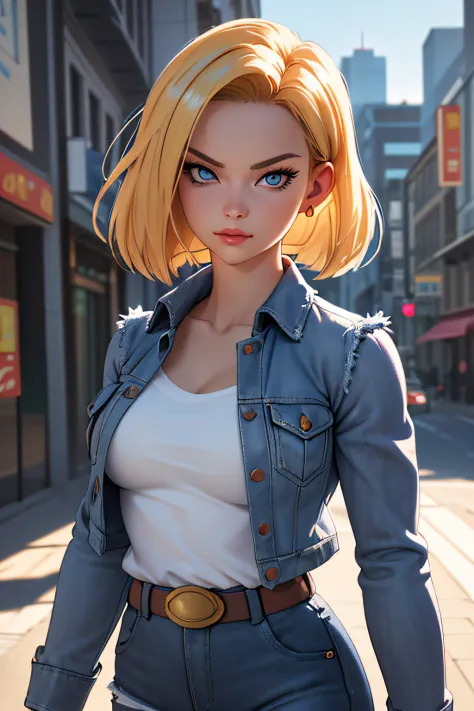 (best quality, masterpiece:1.2), 1girl, beautiful face, beautiful body, android18, earrings, denim, belt, vibrant colors, realis...