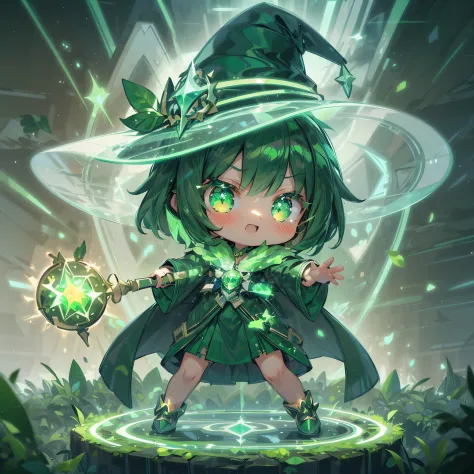 (Emerald Masterpiece 1.3), (Best Quality), (ultra-detailliert), (girl with), (Solo), (Cool), Full body, (Hold the mage's wand:1.10), Skirt, shoes, Ahoge, (Green Witch Robe:1.4), (Green Witch Hat), (Dynamic Pose:1.6), (((Chibi Character))), (((Deformed))), ...