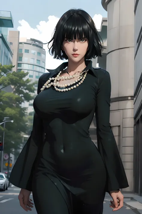 female with green fringe style bob haircut,  wearing v-neck black dress with high collar, wearing pearl necklaces, dominant pose...