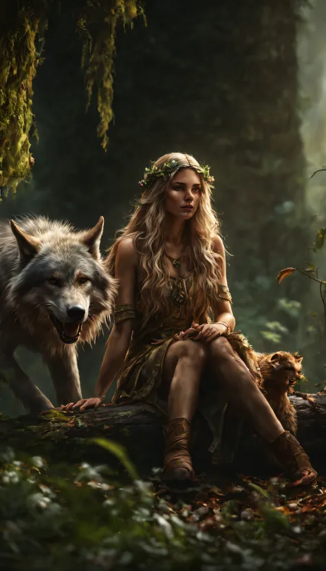 (Beautiful druid elf girl sitting on logl:1.3) hugging  a big  wolf  (extremely detailed CG unity 8k wallpaper,masterpiece, best quality, ultra-detailed, beautiful detailed eyes:1.2),best illumination, (best shadow, an extremely delicate and beautiful, blo...