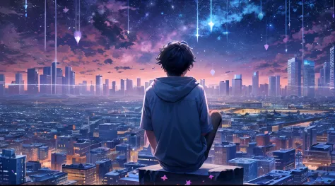 Genrate a masterpiece imagine City landscape below, above dark night sky, [purple, green, blue, pink combined coloured comite falling.] Falling stars, milky way galaxy, a 17 year old boy, black hair, blue shiny eyes, white skin, sitting on his house roof t...