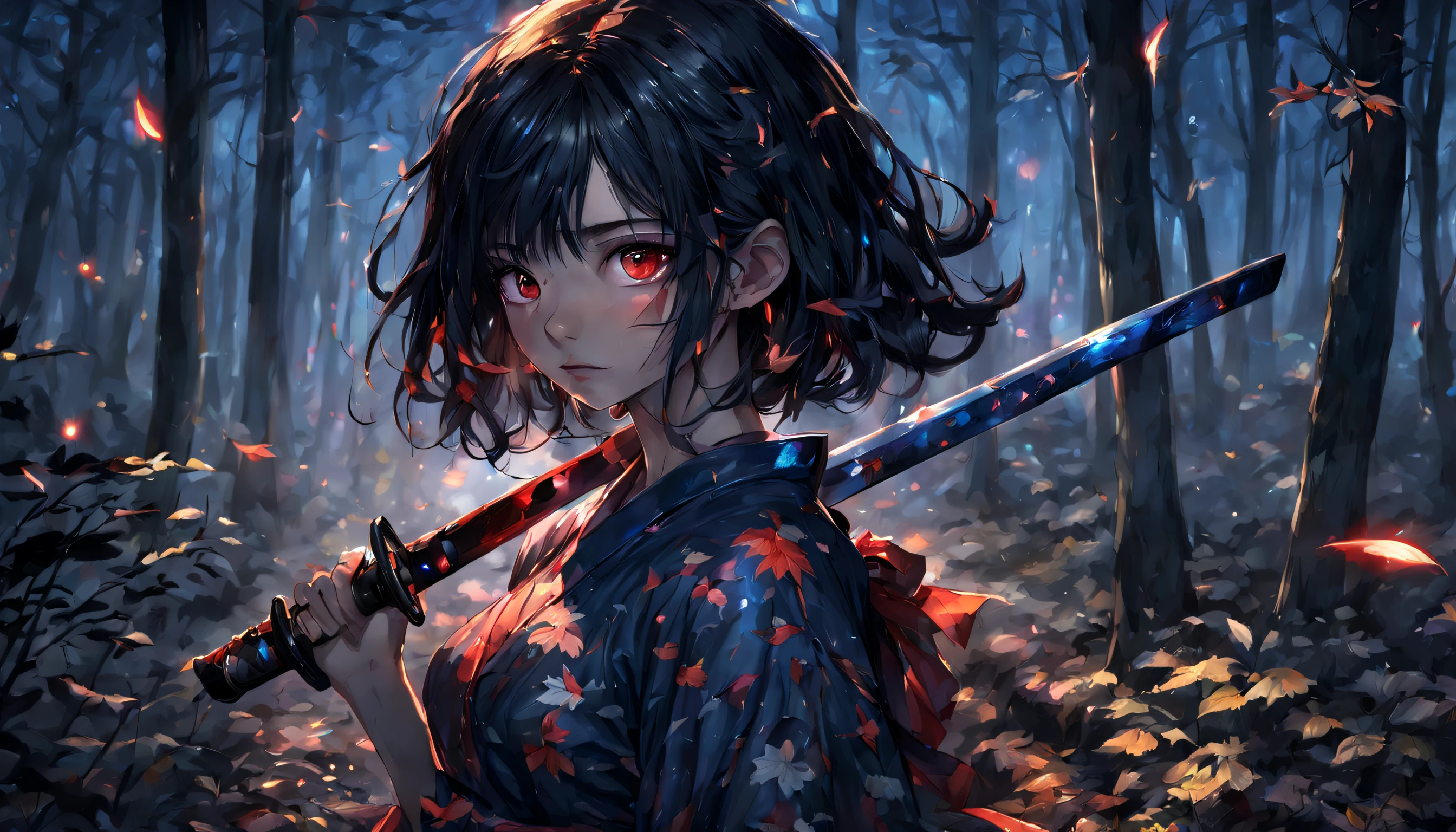 1girl, holding red shiny katana, black hair, silver eyes, Detail face, cute face, tear in right eye, bare leg, full body, detail skin, in the forest with blue leafage, night sky, firefly ambient, random color cloud, absurdres, high res, ultrasharp, 8K, masterpiece, looking at viewer