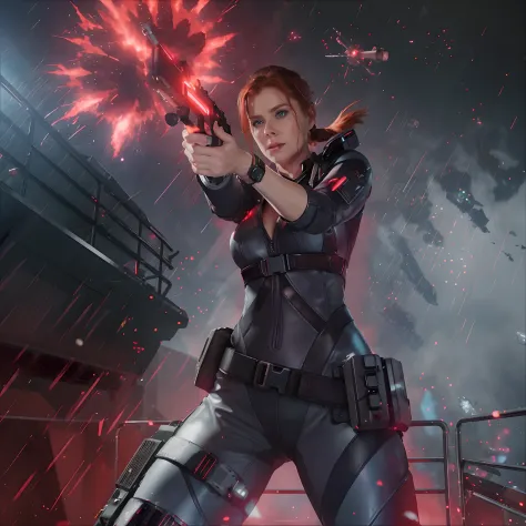 Hot terrified Sci fi Amy Adams with slick hair with pony tail holding a sci fi pistol on Ishimura Horror Space Ship photography,...