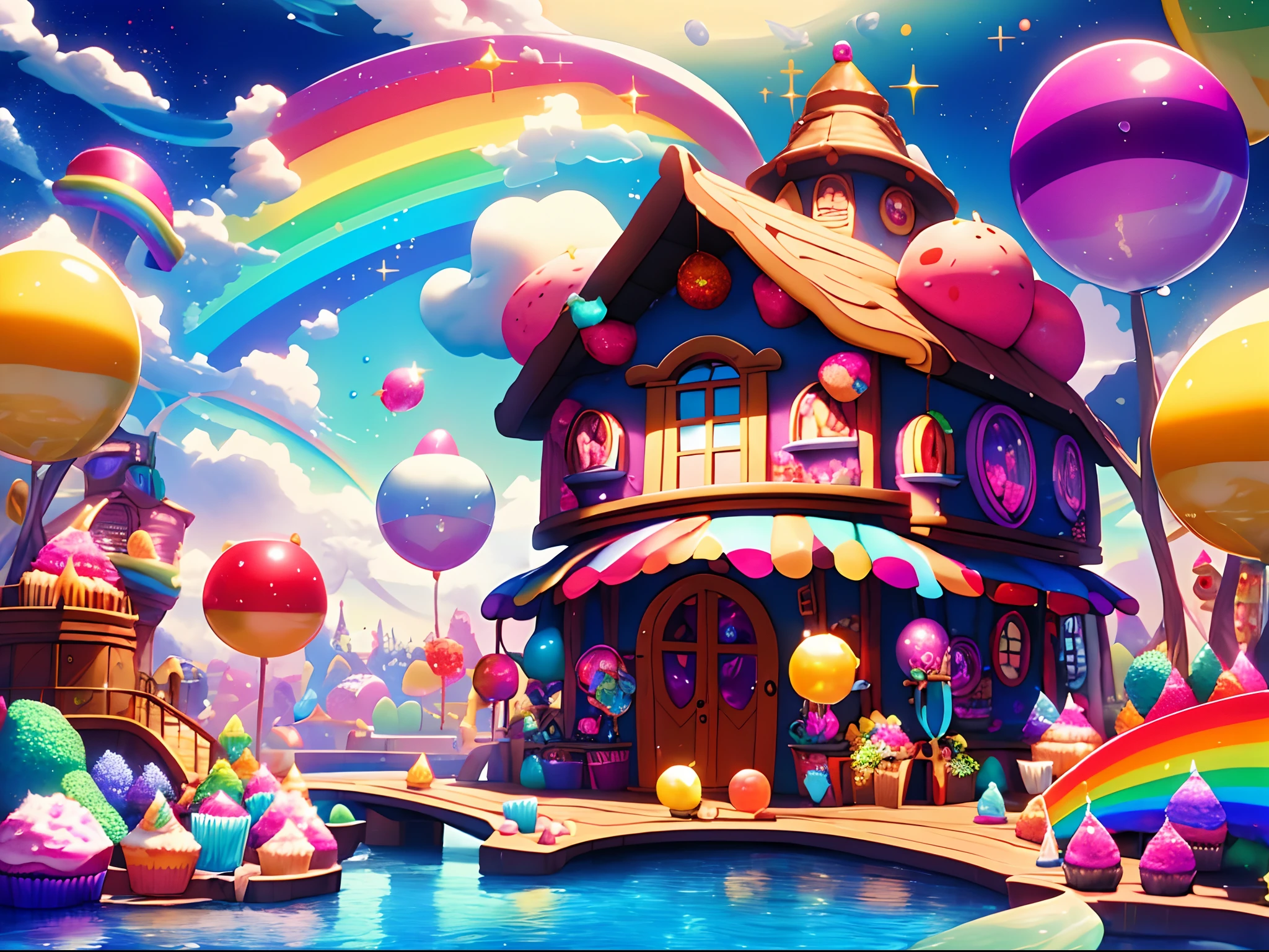 （tmasterpiece，best qualtiy：1.3）， highly  detailed， fanciful， 8k， Rainbow Land， dyna， cinematic ligh， ultra - detailed， Full background， fanciful， illustration， casa， Cupcakes， the roof， drippy， glitters， (rainbowing)， scenecy， （（without humans））， drizzling， big breasts beautiful， （shiny：1.2）， Various colors， gumball machine， the whole， blooms：0.4， glittery， The is very detailed， Multicolor theme