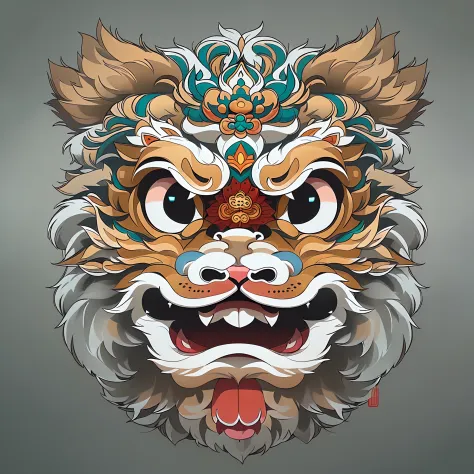 (clean White background:1.4),(Symmetrical:1.5),(cartoon cute lion dance head, In the middle,  ),（China - chic illustration:1.0, Vector painting:1.3)（plane composition：1.1）,(Chinese colors,senior color matching),( reasonable design, Clear lines, High sharpn...