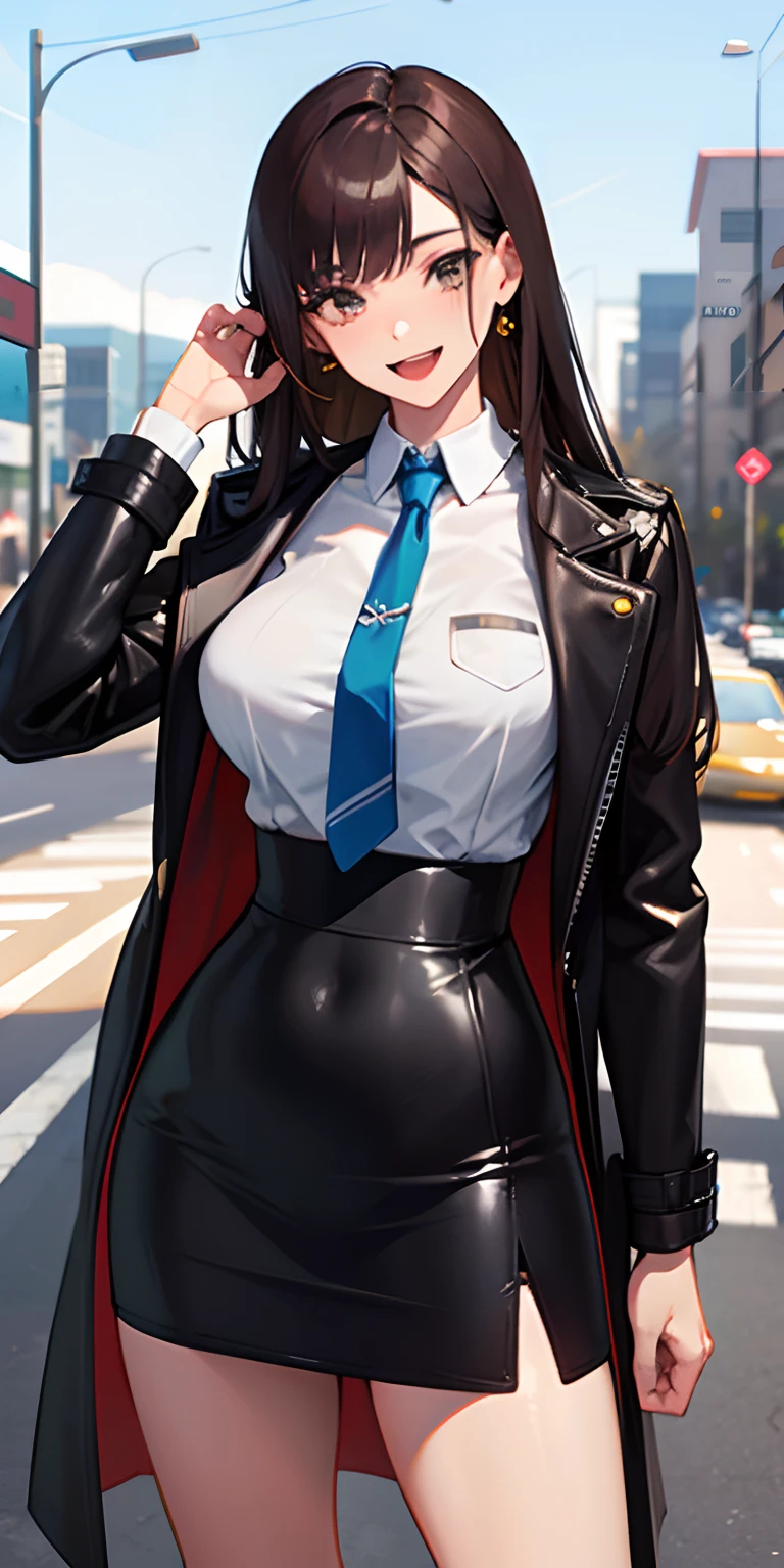 (masterpiece: 1.6, bestquality), (Beautiful and nice eyes.: 1.2), (upon), High Quality, Exquisite Face, 1girls, Tight leather skirt, Extra large leather jacket, big nipple, long-haired, Broad Hips, (landscape), road, background, Detailed Background, scary smile, Laughter at the corners of the mouth., Long coat, shirt, Tie, office lady, mature