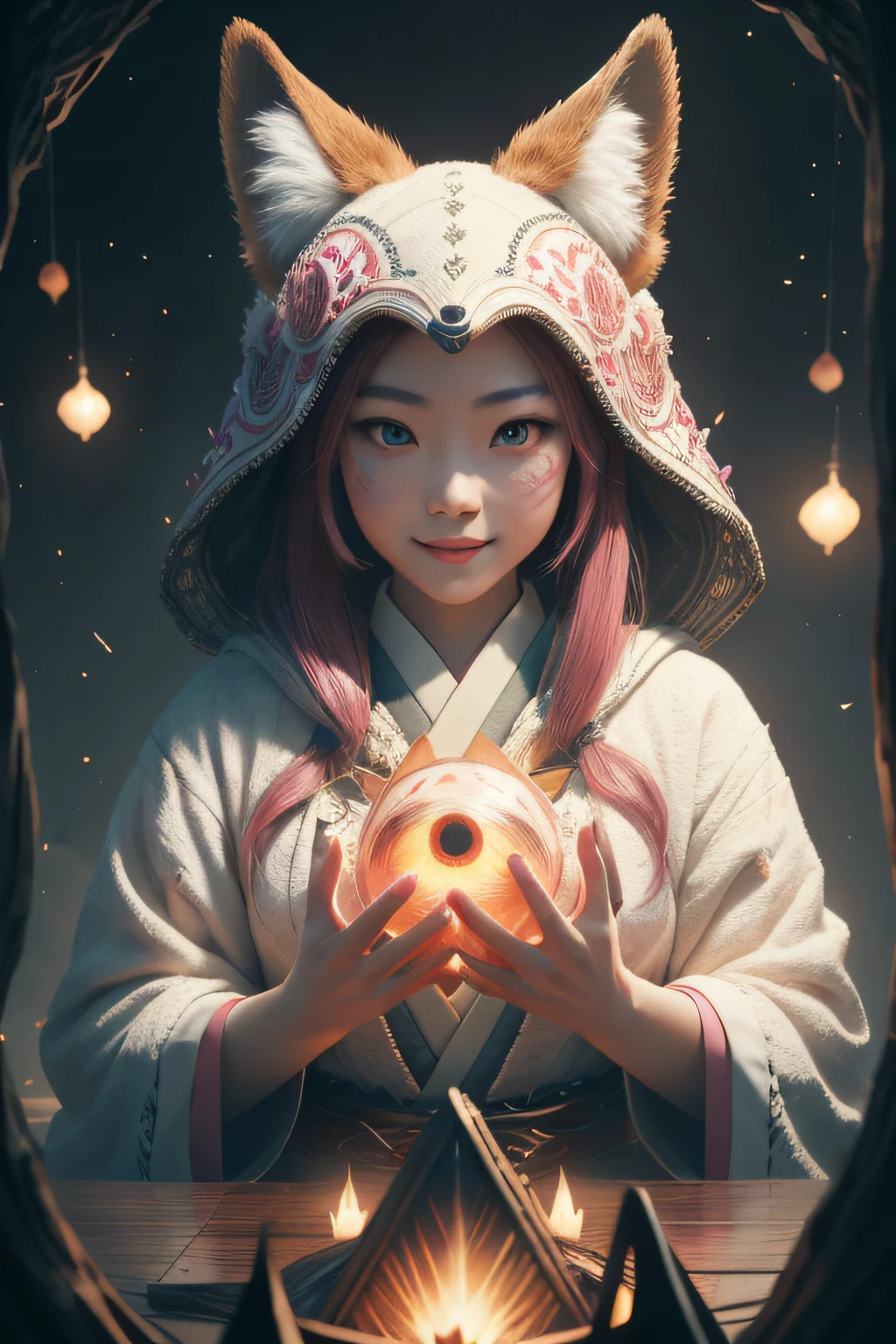 beautiful japanese young woman,Solo, Happy smiling official art, Unity 8k wallpaper, Ultra detailed, Beautiful and aesthetic, Beautiful, Masterpiece, Best quality, Kitsune witch, kitsune mask, Pink and white haori jacket, Foxfire spell, The fox is familiar, Transformation,Depth of field,
