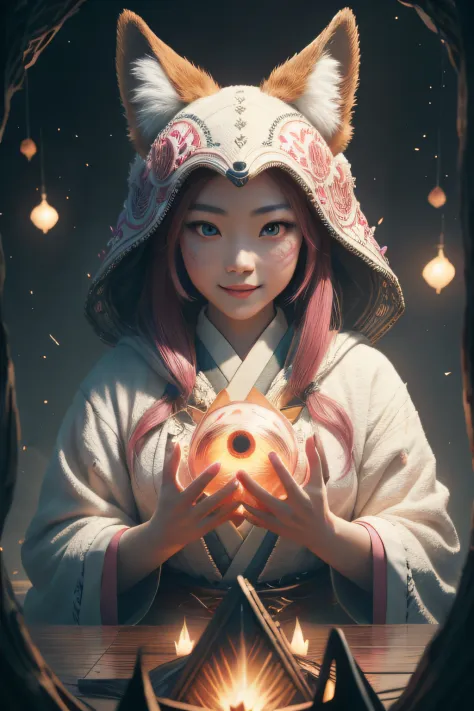 beautiful japanese young woman,Solo, Happy smiling official art, Unity 8k wallpaper, Ultra detailed, Beautiful and aesthetic, Beautiful, Masterpiece, Best quality, Kitsune witch, kitsune mask, Pink and white haori jacket, Foxfire spell, The fox is familiar...