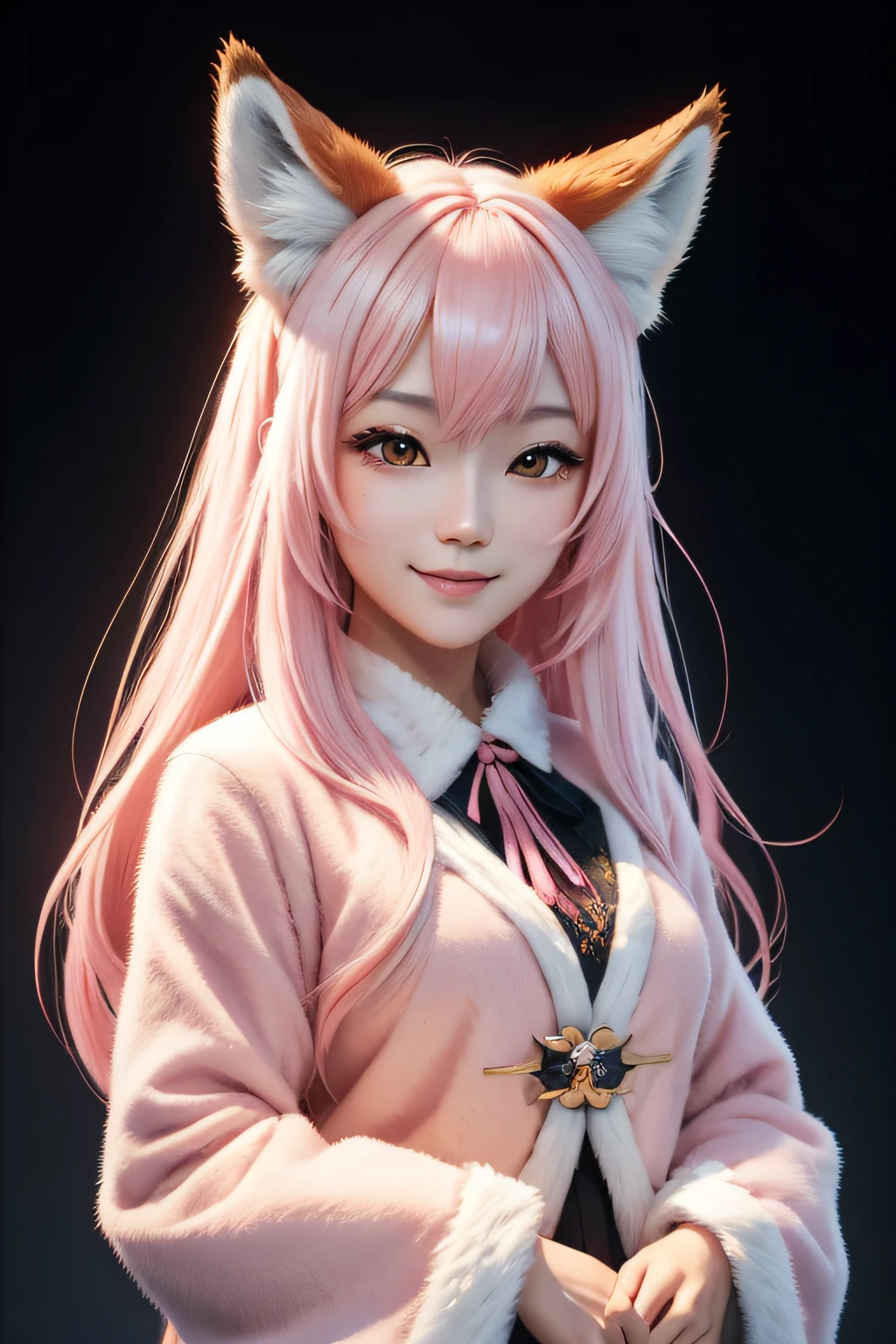 beautiful japanese young woman,Solo, Happy smiling official art, Unity 8k wallpaper, Ultra detailed, Beautiful and aesthetic, Beautiful, Masterpiece, Best quality, Kitsune witch, kitsune mask, Pink and white haori jacket, Foxfire spell, The fox is familiar, Transformation,Depth of field,