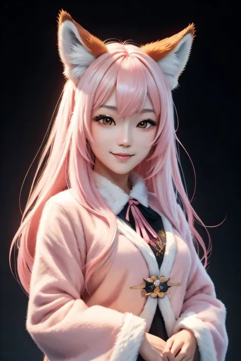 beautiful japanese young woman,Solo, Happy smiling official art, Unity 8k wallpaper, Ultra detailed, Beautiful and aesthetic, Beautiful, Masterpiece, Best quality, Kitsune witch, kitsune mask, Pink and white haori jacket, Foxfire spell, The fox is familiar...