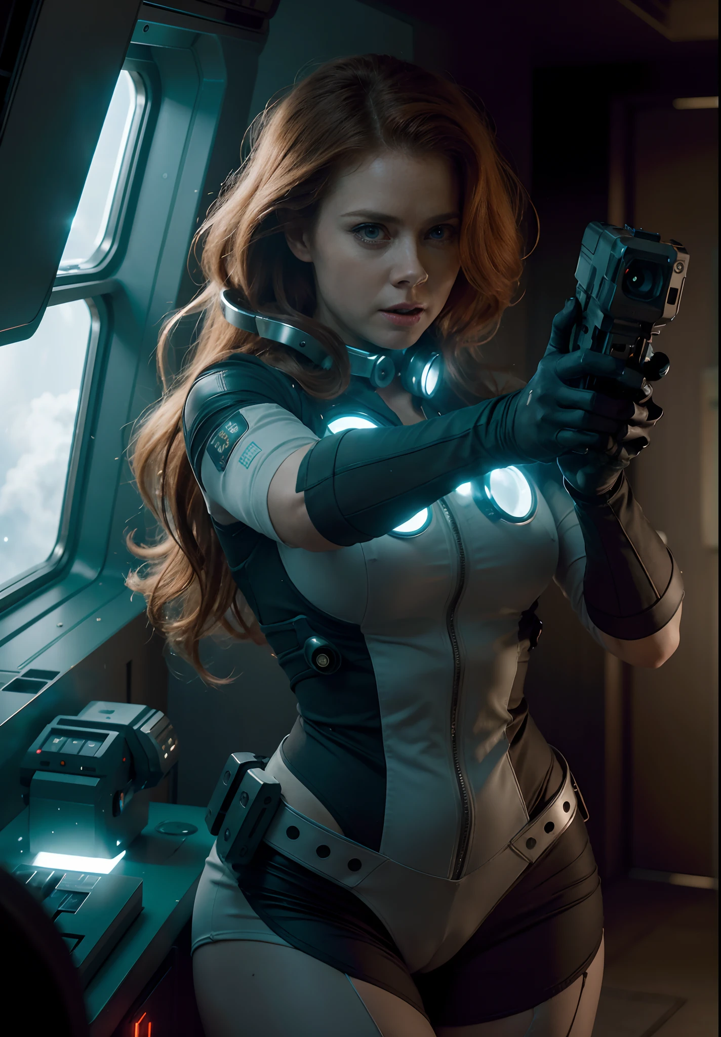 Hot terrified Sci fi Amy Adams with hair slick back ponytail holding a sci fi pistol on Ishimura Horror Space Ship photography, natural light, photorealism, cinematic rendering, ray tracing, the highest quality, the highest detail, Cinematic, Third-Person View, Blur Effect, Long Exposure, 8K, Ultra-HD, Natural Lighting, Moody Lighting, Cinematic Lighting