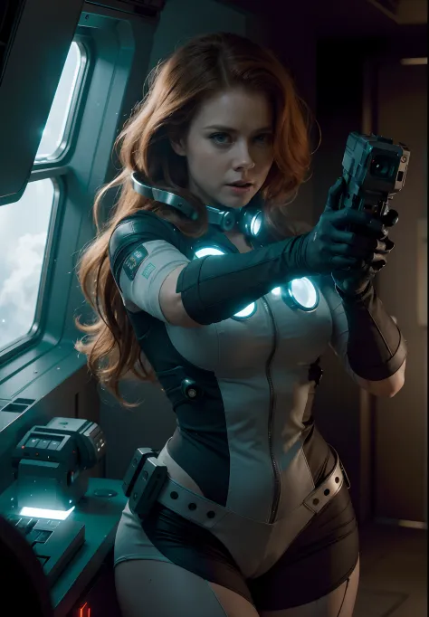 Hot terrified Sci fi Amy Adams with hair slick back ponytail holding a sci fi pistol on Ishimura Horror Space Ship photography, ...