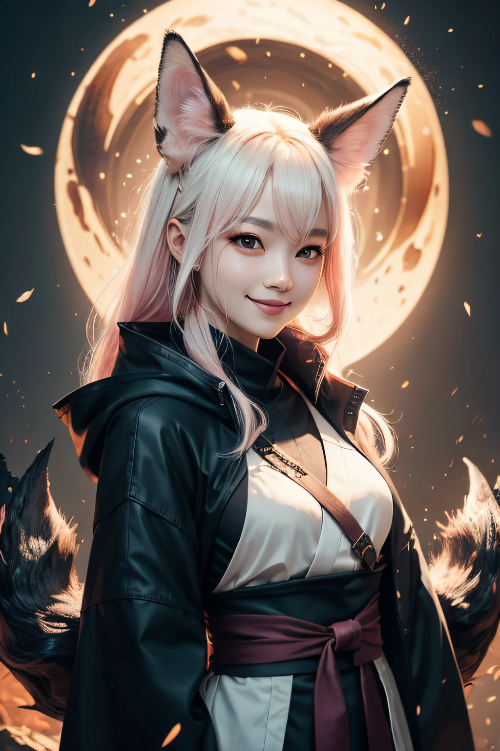 beautiful japanese young woman,Solo, Happy smiling official art, Unity 8k wallpaper, Ultra detailed, Beautiful and aesthetic, Beautiful, Masterpiece, Best quality, Kitsune witch, kitsune mask, Pink and white haori jacket, Foxfire spell, The fox is familiar, Transformation,Depth of field,