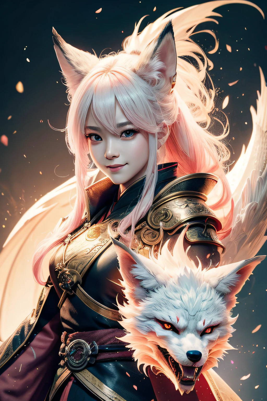 hermosa joven japonesa,Solo, Arte oficial sonriente feliz., fondo de pantalla de unidad 8k, ultra detallado, Hermoso and aesthetic, Hermoso, obra maestra, mejor calidad, bruja kitsune, máscara kitsune, Chaqueta haori rosa y blanca, hechizo de fuego de zorro, El zorro es familiar, transformación,profundidad de campo,