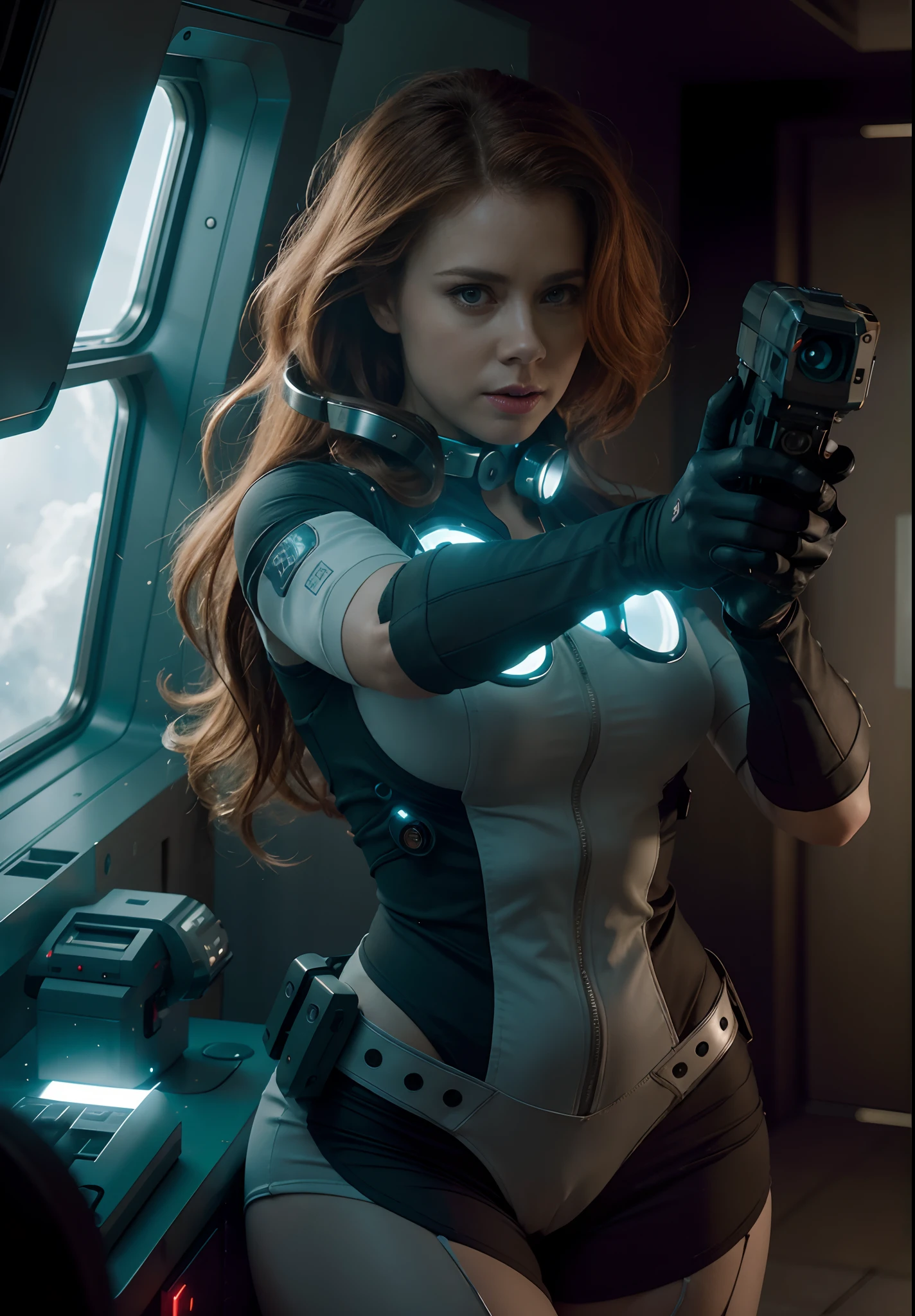 Amy Adams de ciencia ficción aterrorizada caliente con la cola de caballo hacia atrás con el pelo resbaladizo sosteniendo una pistola de ciencia ficción en la fotografía de la nave espacial de terror de Ishimura, luz natural, photorealism, renderizado cinematográfico, trazado de rayos, la más alta calidad, el detalle más alto, cinematográfico, En tercera persona, Efecto de desenfoque, exposición prolongada, 8k, Ultra HD, iluminación natural, iluminación cambiante, cinematográfico Lighting