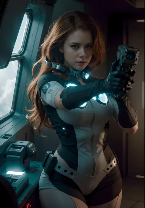 Hot terrified Sci fi Amy Adams with hair slick back ponytail holding a sci fi pistol on Ishimura Horror Space Ship photography, ...