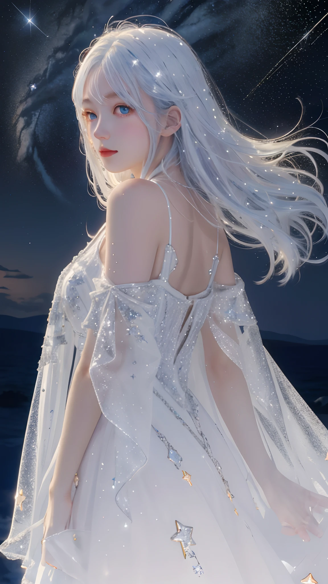 Masterpiece, Best quality,A high resolution, 1girll, Long_White_Hair, Stars in Eyes, See_Through, (((shimmering dazzling lighting))), (luminous), detailed shadow, meteors, stars, milky ways, Starcloud, Star in white dress, Messy floating hair, Colored inner hair, Starry sky adorns hair, Chiffon, Tulles, Stars, White theme