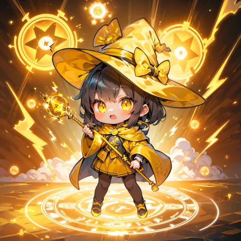 (Topaz Masterpiece 1.1), (Best Quality), (ultra-detailliert), (girl with), (Solo), (Cool), Full body, (Hold the mage's wand:1.10), Skirt, shoes, Ahoge, (witch's robe:1.4), (Witch Hat), (Dynamic Pose:1.6), (((Chibi Character))), (((Deformed))), (Lightning E...
