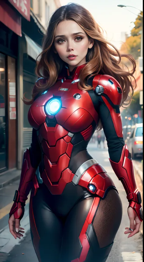Elizabeth Olsen as Iron Man, bustling street, (inspired by Mass Effect), Iron Man suit, safety rating, breast enlargement, fat b...