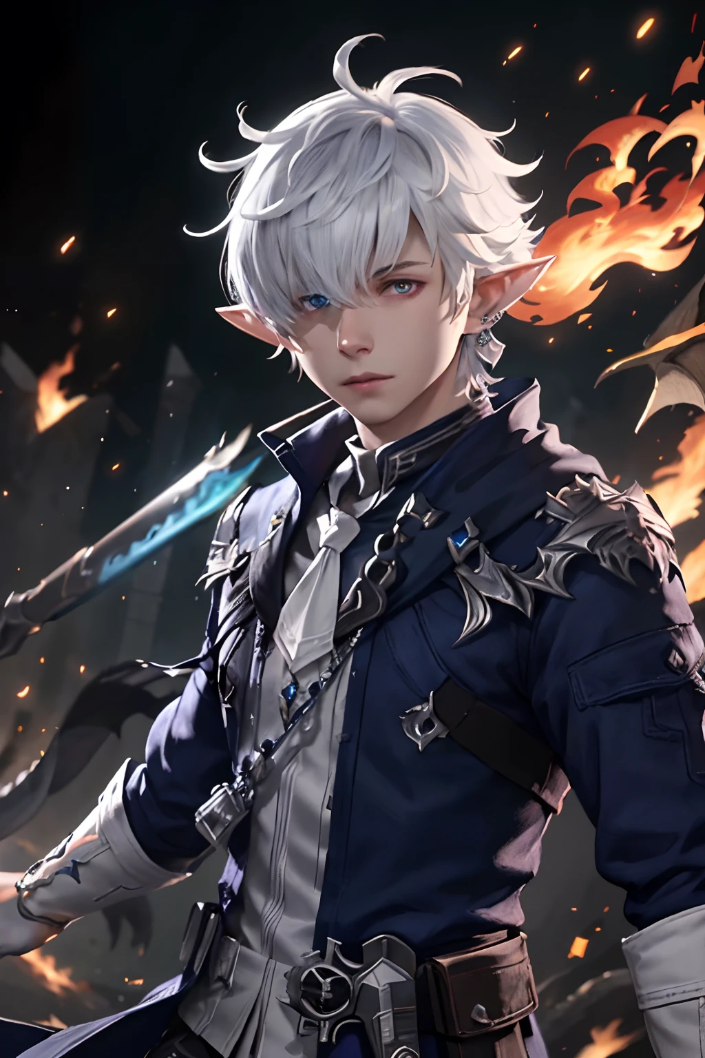 Alphinaud, Olhando para o visualizador,  luvas, joia, tronco, arma flutuante,  objeto flutuante, Magia, brilhante, white luvas, cabelo sobre um olho,desfoque de movimento, explosões, fundo de fantasia, brasas, chamas, dragões,  videogame, renderização de octanagem, destaques especulares, rosto detalhado, olhos detalhados, tecido detalhado, pele detalhada,