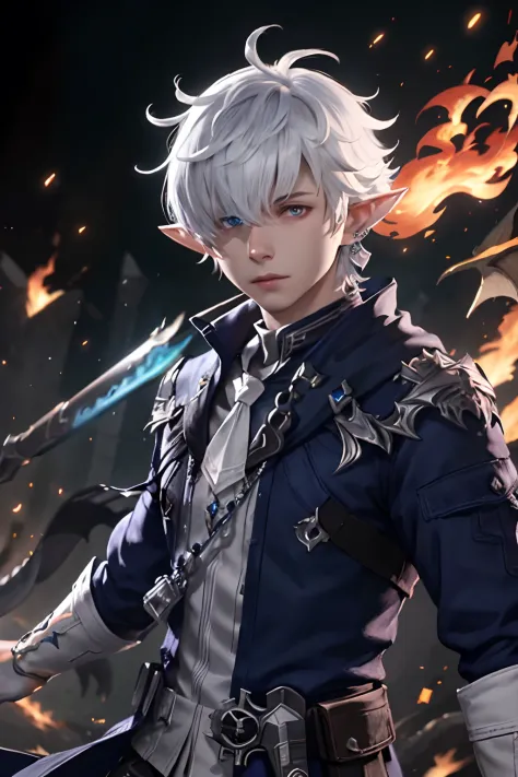Alphinaud, looking at viewer,  gloves, jewelry, upper body, floating weapon,  floating object, magic, glowing, white gloves, hai...