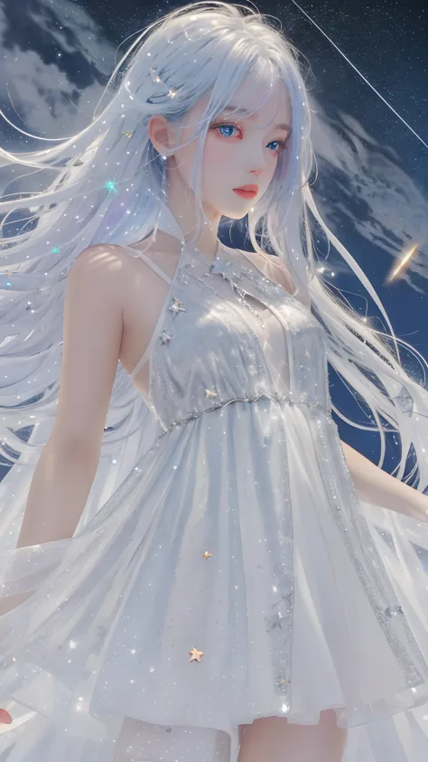 Masterpiece, Best quality,A high resolution, 1girll, Long_White_Hair, Stars in Eyes, See_Through, (((shimmering dazzling lighting))), (luminous), detailed shadow, meteors, stars, milky ways, Starcloud, Star in white dress, Messy floating hair, Colored inne...