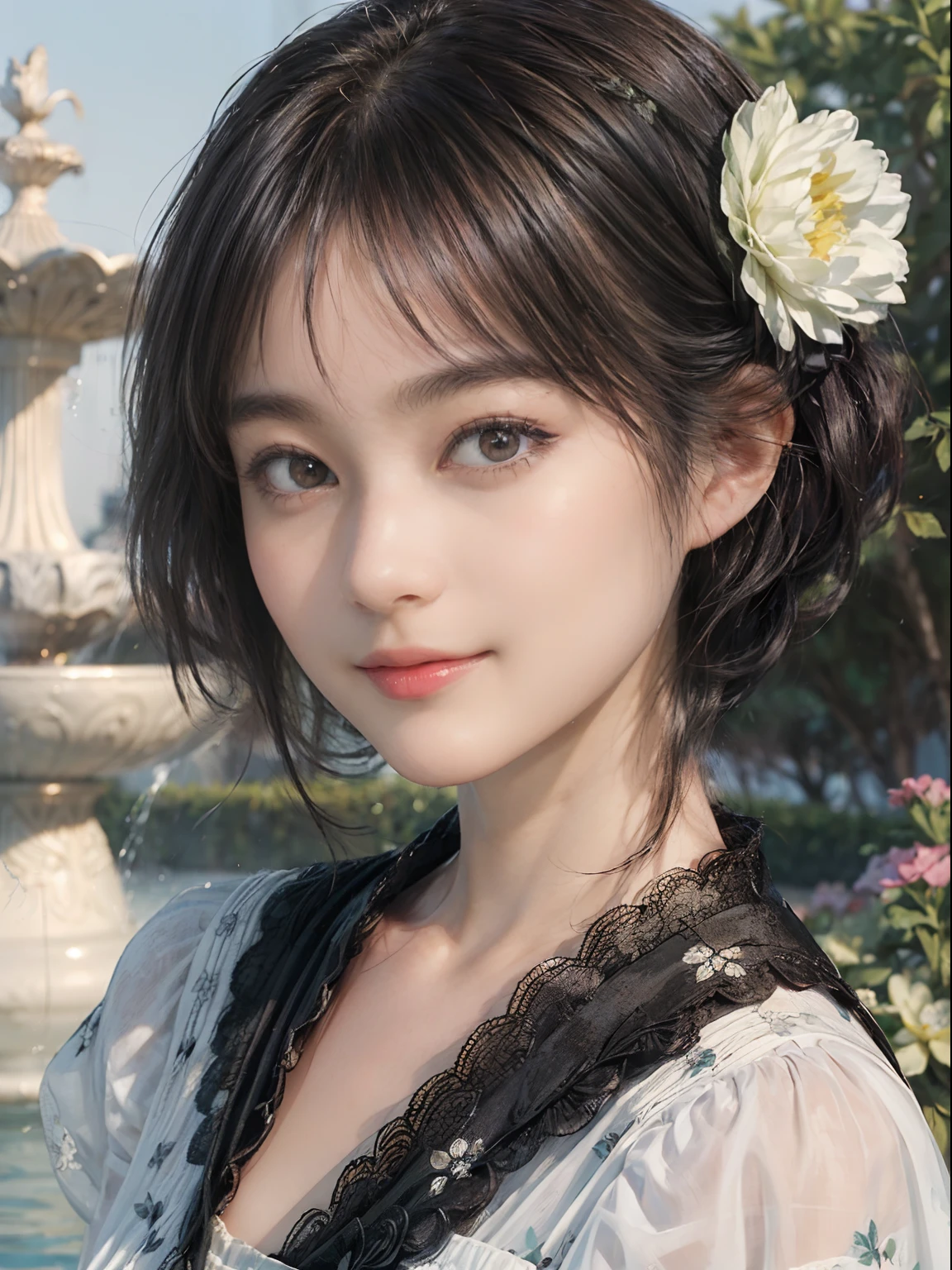 10
(Black Shorthair:1.3), (a 20 yo woman), (A hyper-realistic), (Masterpiece), (8KUHD), Beautiful woman, a smile, (Maid clothes with floral patterns:1.2), Large and luxurious terrace, Standing in a garden with a wide depth, (Focus on the face:1.23), There is a large fountain