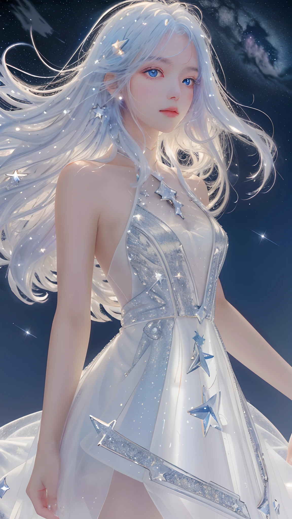Masterpiece, Best quality,A high resolution, 1girll, Long_White_Hair, Stars in Eyes, See_Through, (((shimmering dazzling lighting))), (luminous), detailed shadow, meteors, stars, milky ways, Starcloud, Star in white dress, Messy floating hair, Colored inner hair, Starry sky adorns hair, Chiffon, rip, stars, White theme