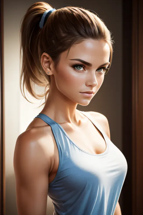 Photorealistic half body portrait photograph featuring a gorgeous woman in a stylish tank top, with a ponytail, striking a model...