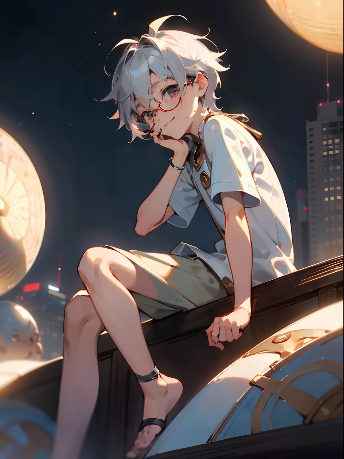 (Male child, eye glasses,A smile, silber hair),(((​masterpiece)))、(((top-quality)))、((ultra-definition))、(High Definition CG Illustration)、((extremely delicate and beautiful)),,nightcity，The upper part of the body、