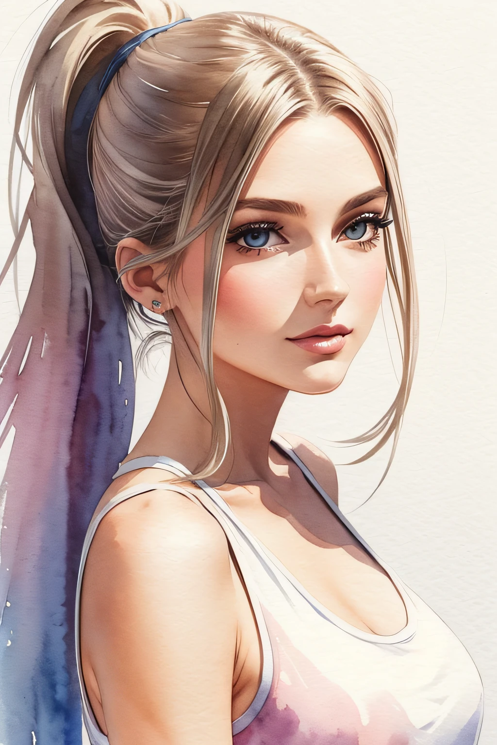 Watercolor fashion illustration showcasing a beautiful lady wearing a tank top and a ponytail, exuding a model-like aura, soft and flowing watercolors, fashionable elegance, timeless fashion illustration