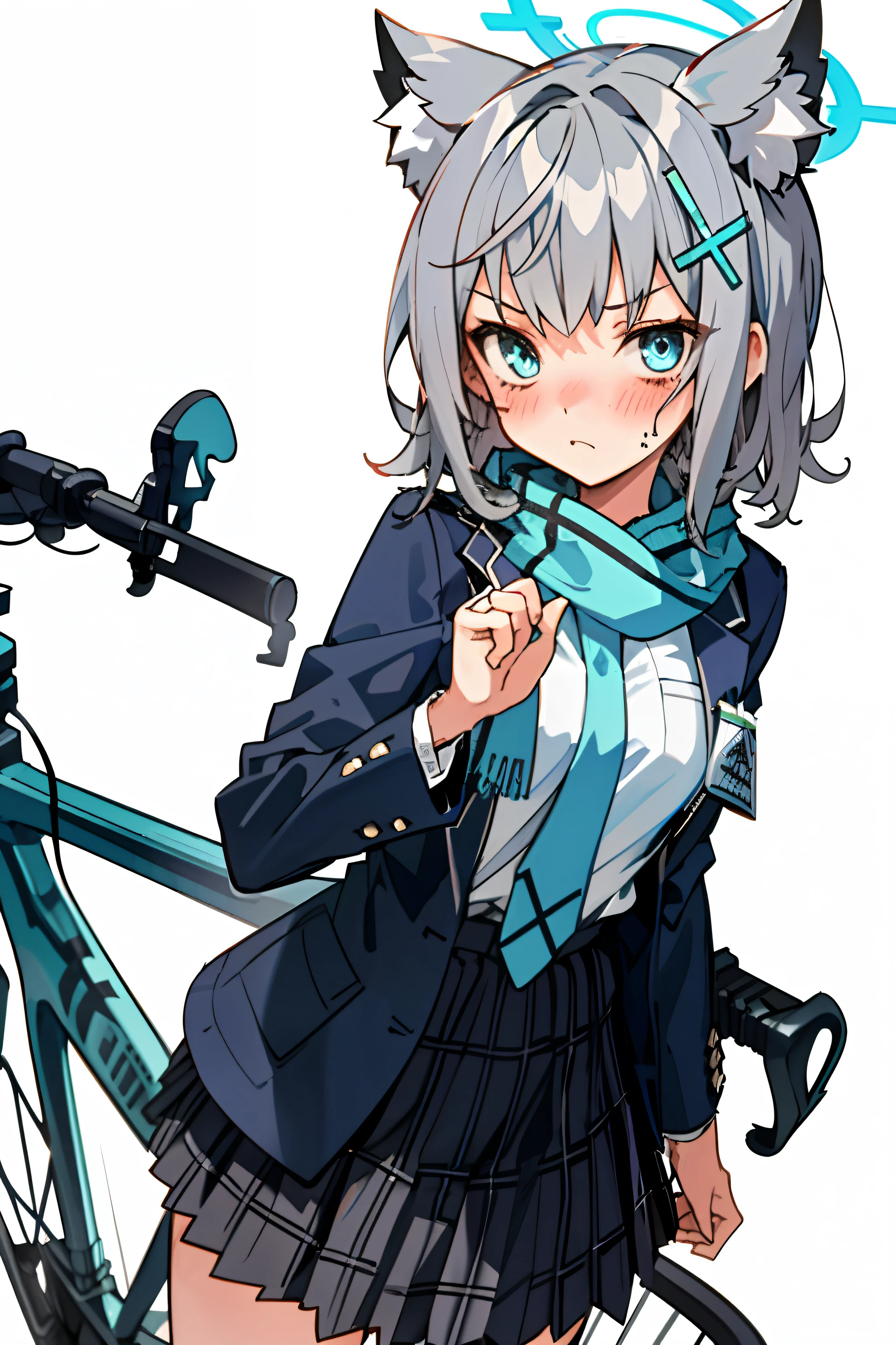 Anime girl with a cat ears and a blue jacket holding a bike - SeaArt AI